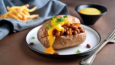 Baked Potato Topped With Beans And Melted Cheese