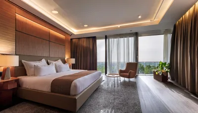 Modern Luxury Hotel Bedroom With Panoramic Window View