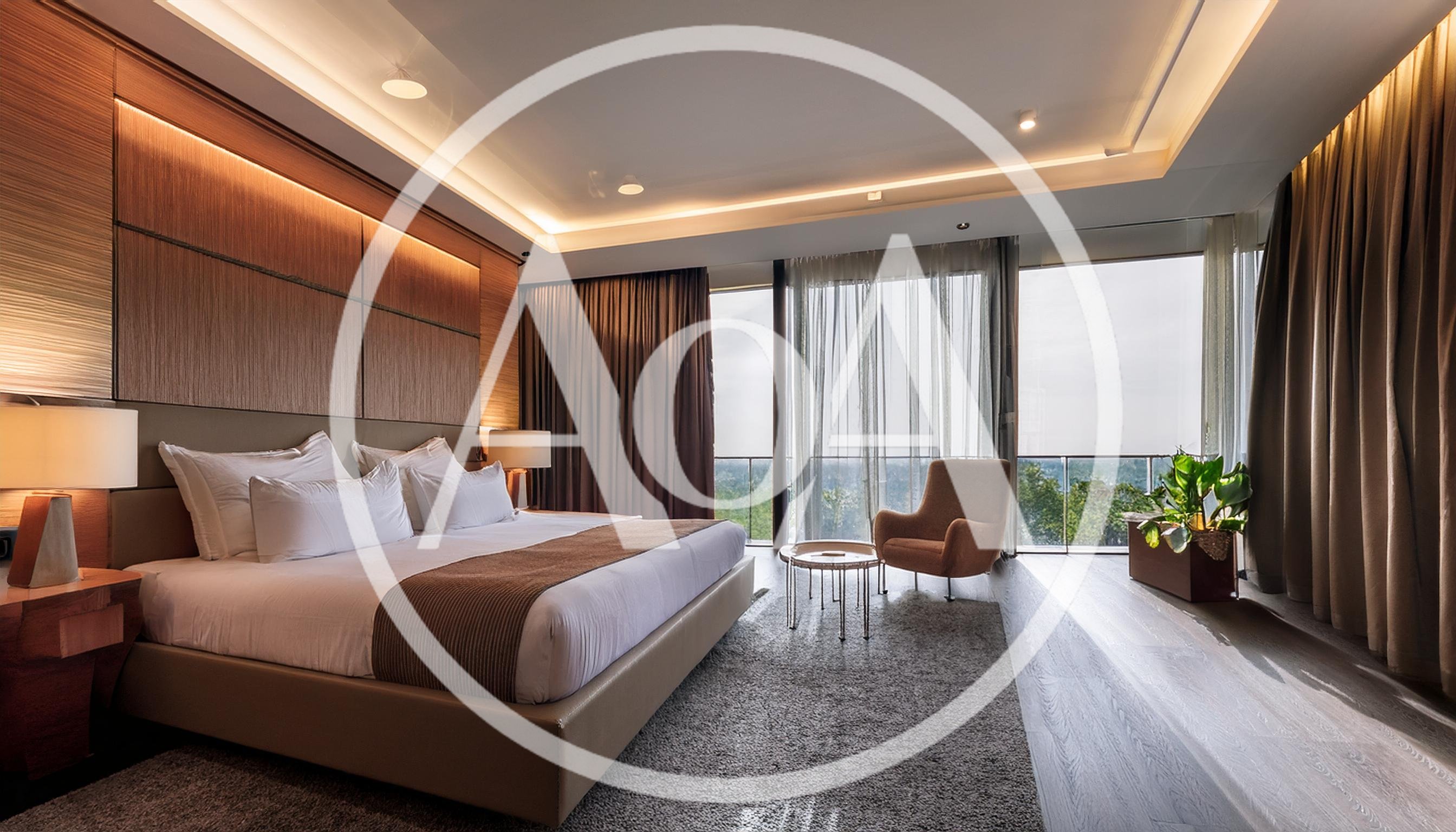 Modern Luxury Hotel Bedroom With Panoramic Window View
