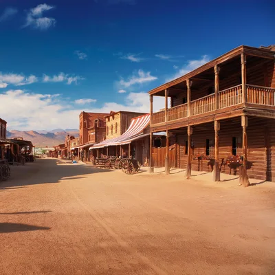 Old West Town Street With Wooden Buildings
