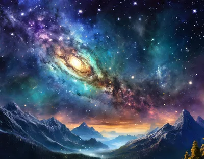 Majestic Mountain Range Under A Vibrant Galactic Night Sky