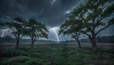 Lightning Strike Over A Stormy Forest Landscape