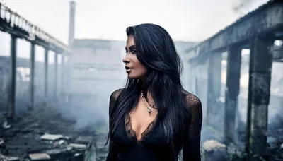 Woman With Long Dark Hair Standing In Ruined Factory