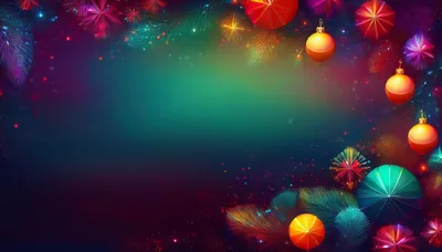 Festive Christmas Background With Ornaments And Fireworks