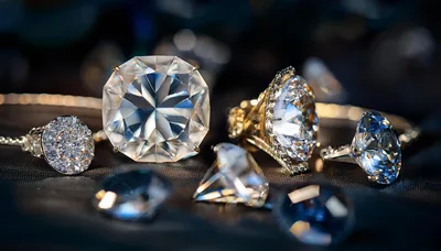 Luxury Diamond Rings And Loose Gemstones On Dark Fabric