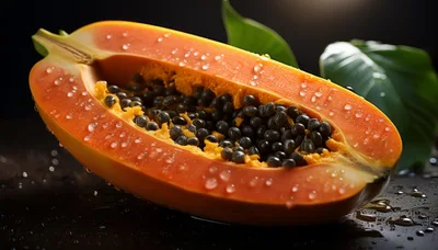 Fresh Half Papaya With Seeds And Water Droplets