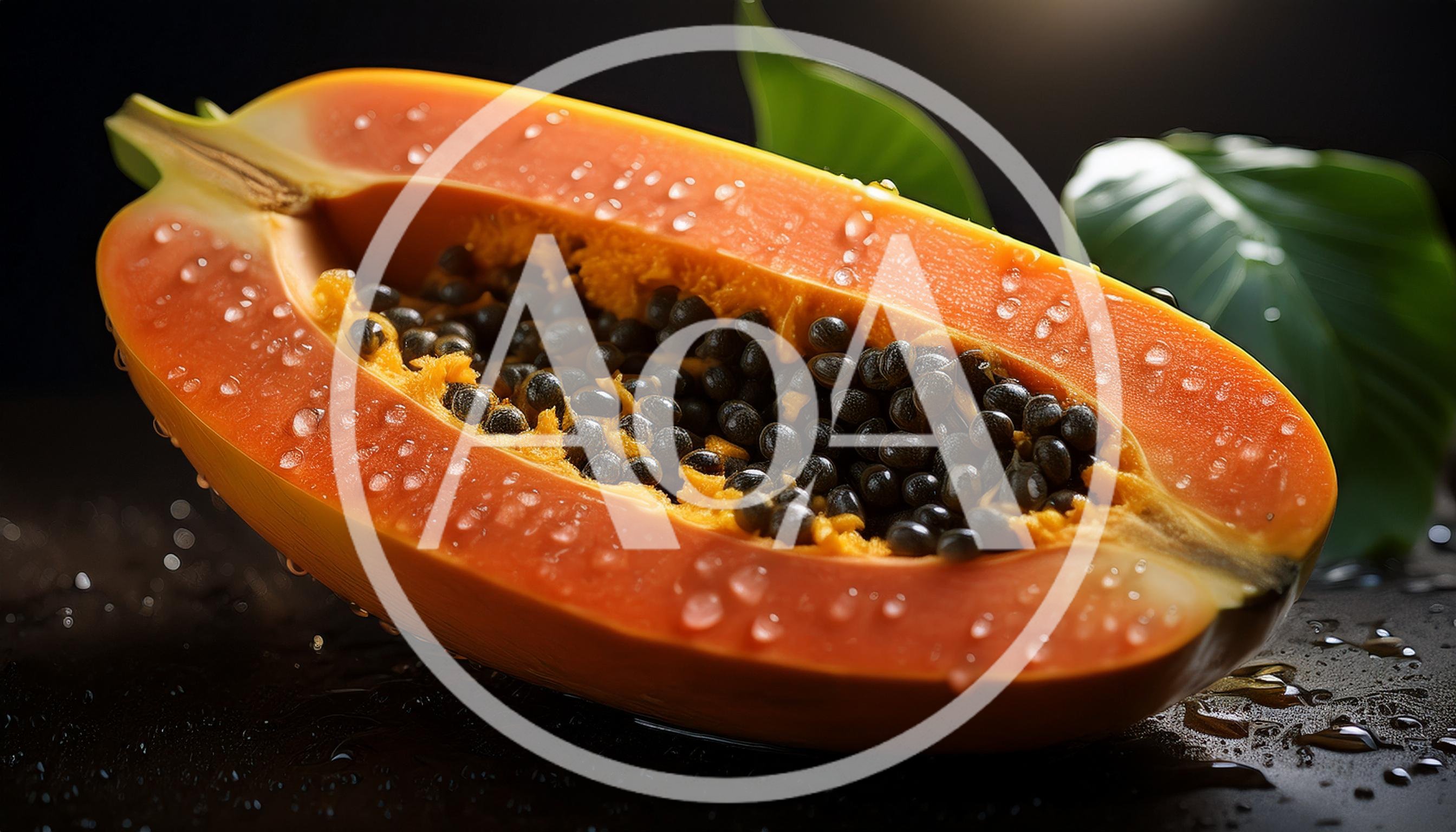 Fresh Half Papaya With Seeds And Water Droplets