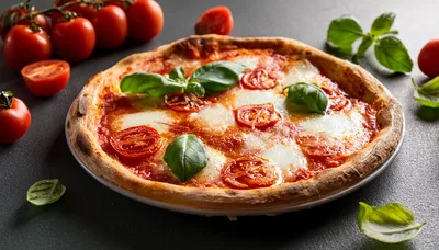 Fresh Margherita Pizza With Cherry Tomatoes And Basil