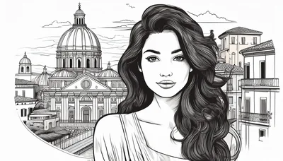 Line Art Illustration Of A Woman Before Italian Architecture