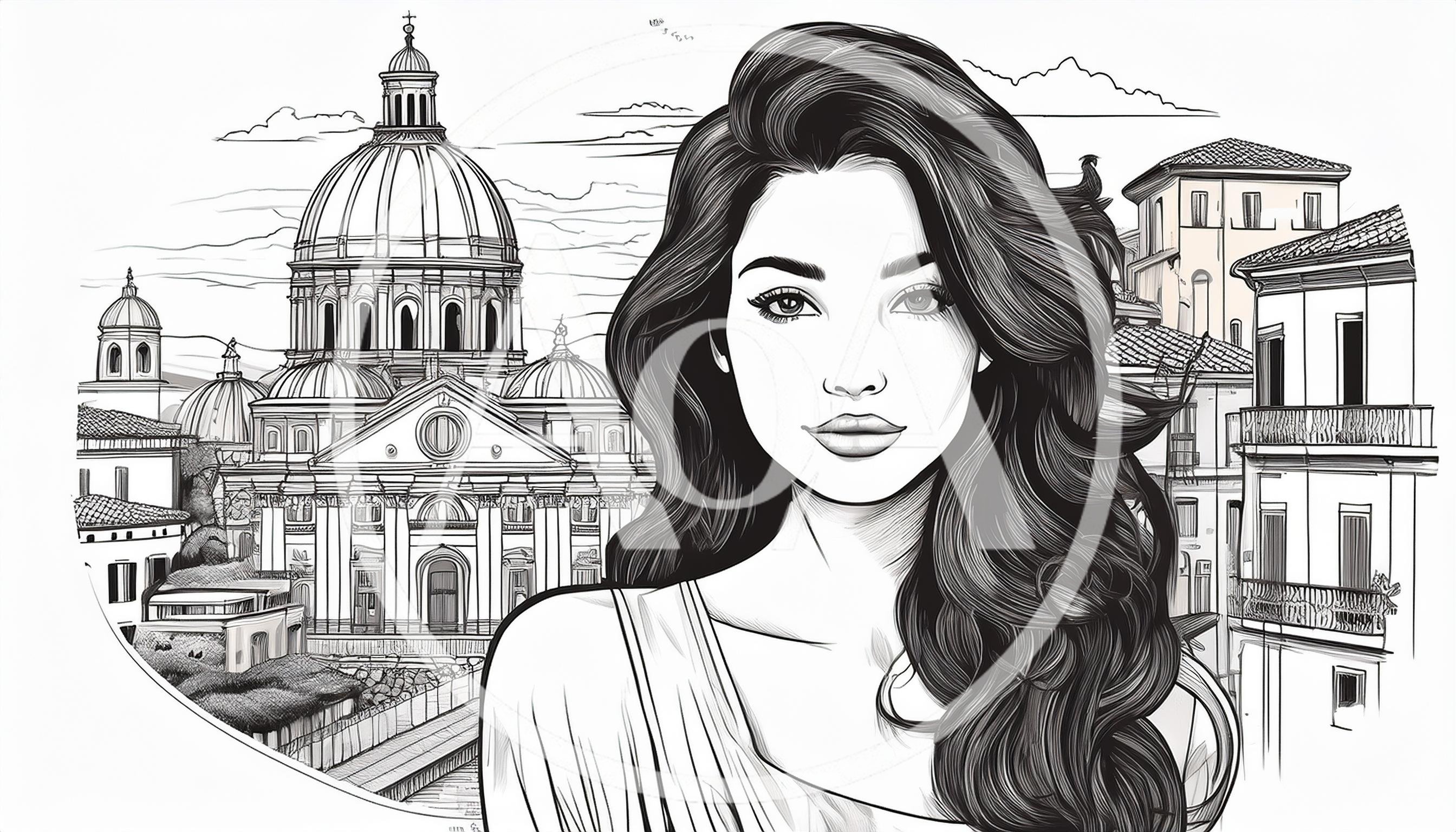 Line Art Illustration Of A Woman Before Italian Architecture