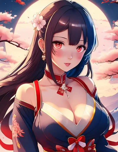 Anime Style Portrait Of A Beautiful Woman With Cherry Blossoms