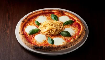 Margherita Pizza Topped With A Nest Of Spaghetti