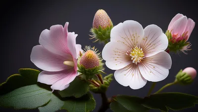 Delicate Pink Flowers and Buds on Dark Background