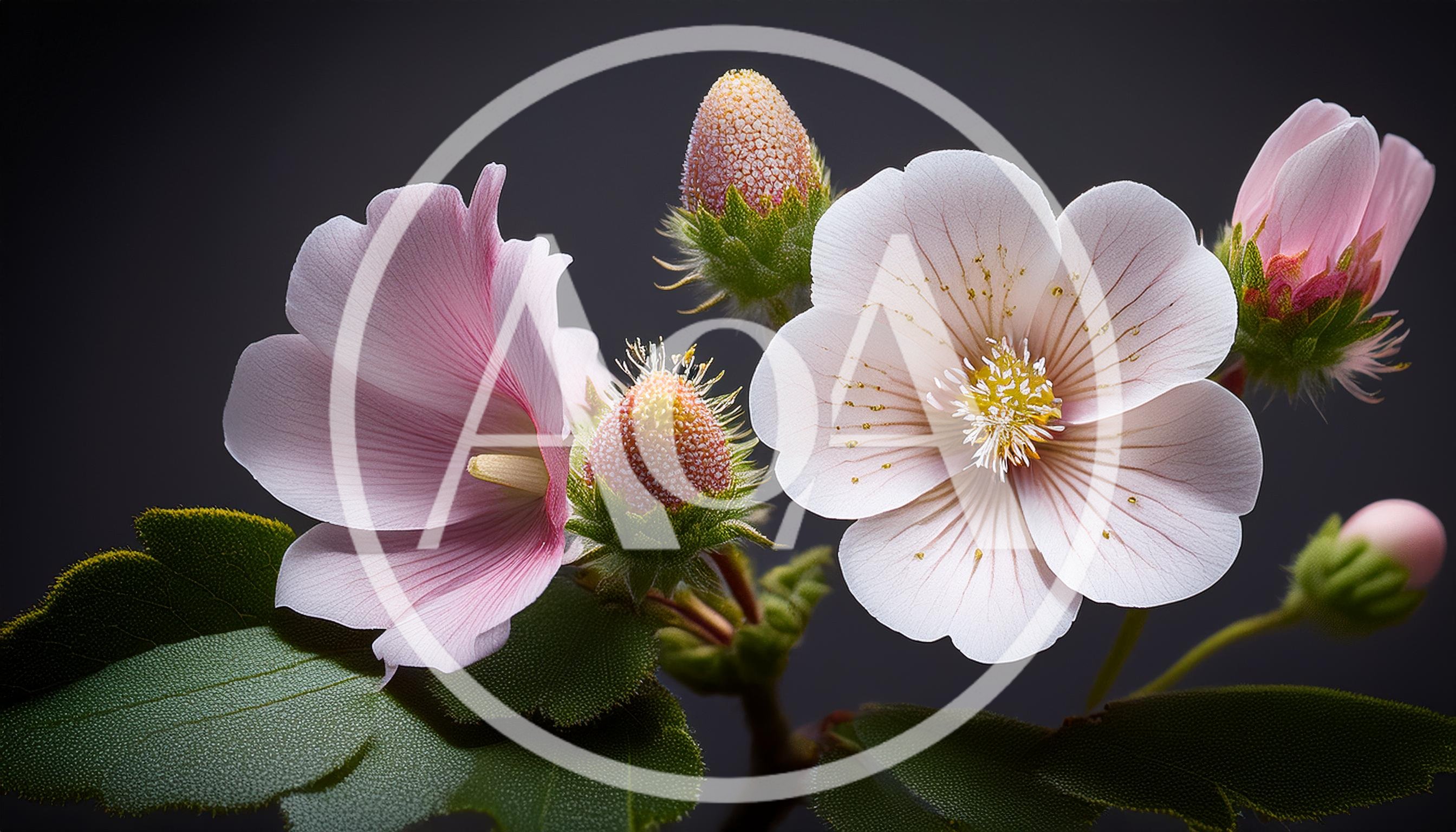 Delicate Pink Flowers and Buds on Dark Background