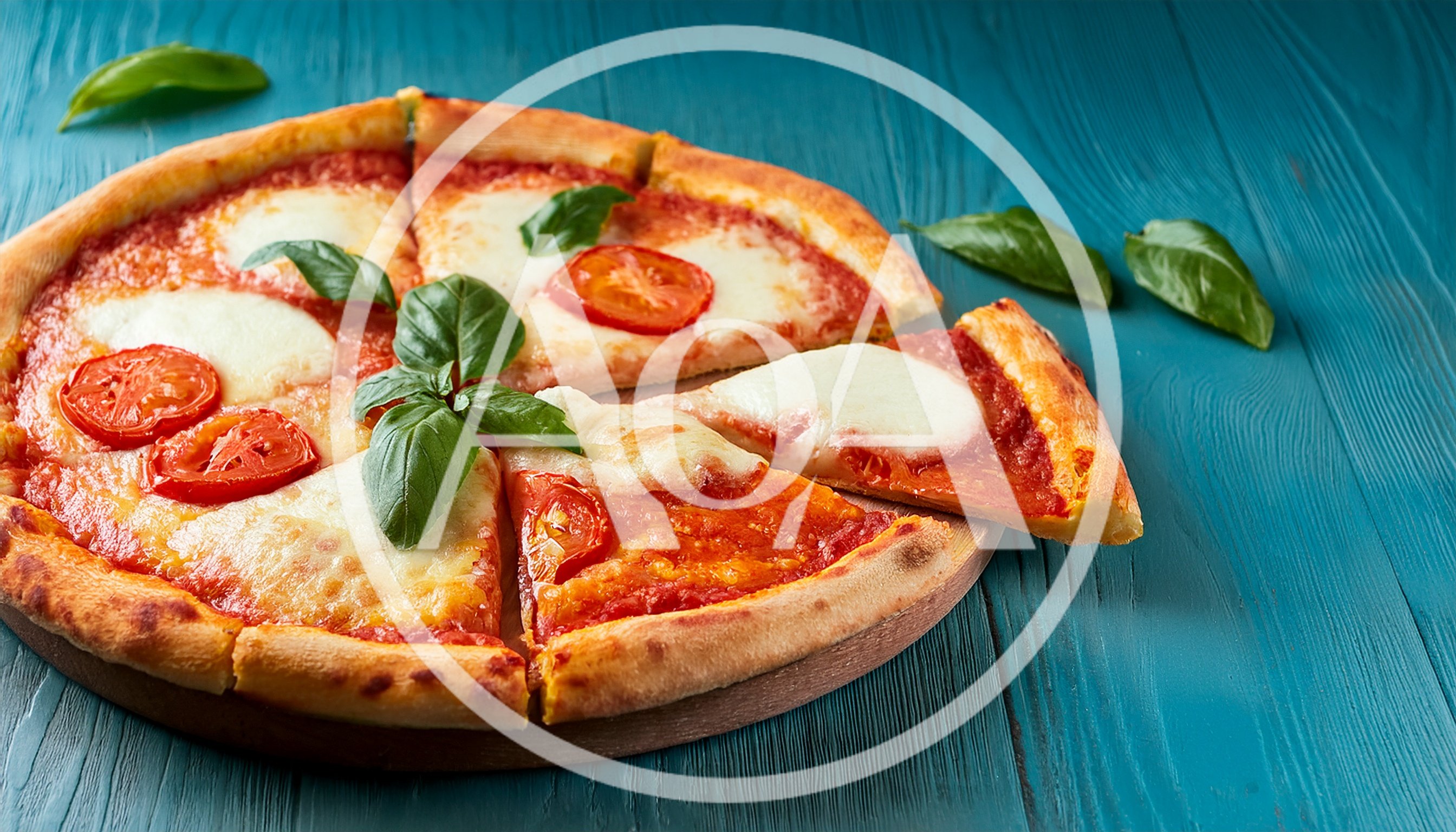 Fresh Margherita Pizza With Basil On Blue Wood