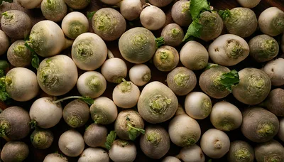 Fresh Organic Turnips Arranged On A Wooden Surface