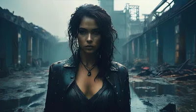 Young Woman Standing In Rain Amidst Industrial Ruins