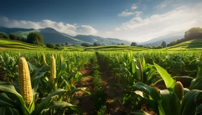 Lush Cornfield Landscape With Rolling Hills And Mountains