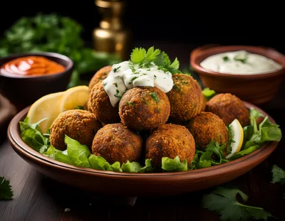 Plate Of Crispy Falafel With Yogurt Sauce