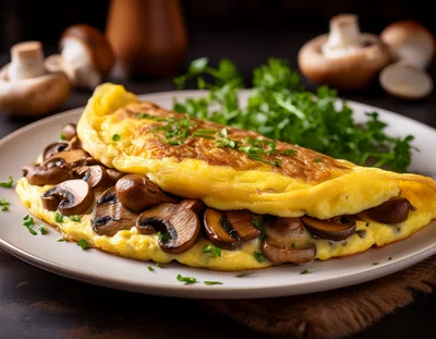 Mushroom Omelet Served On A White Plate