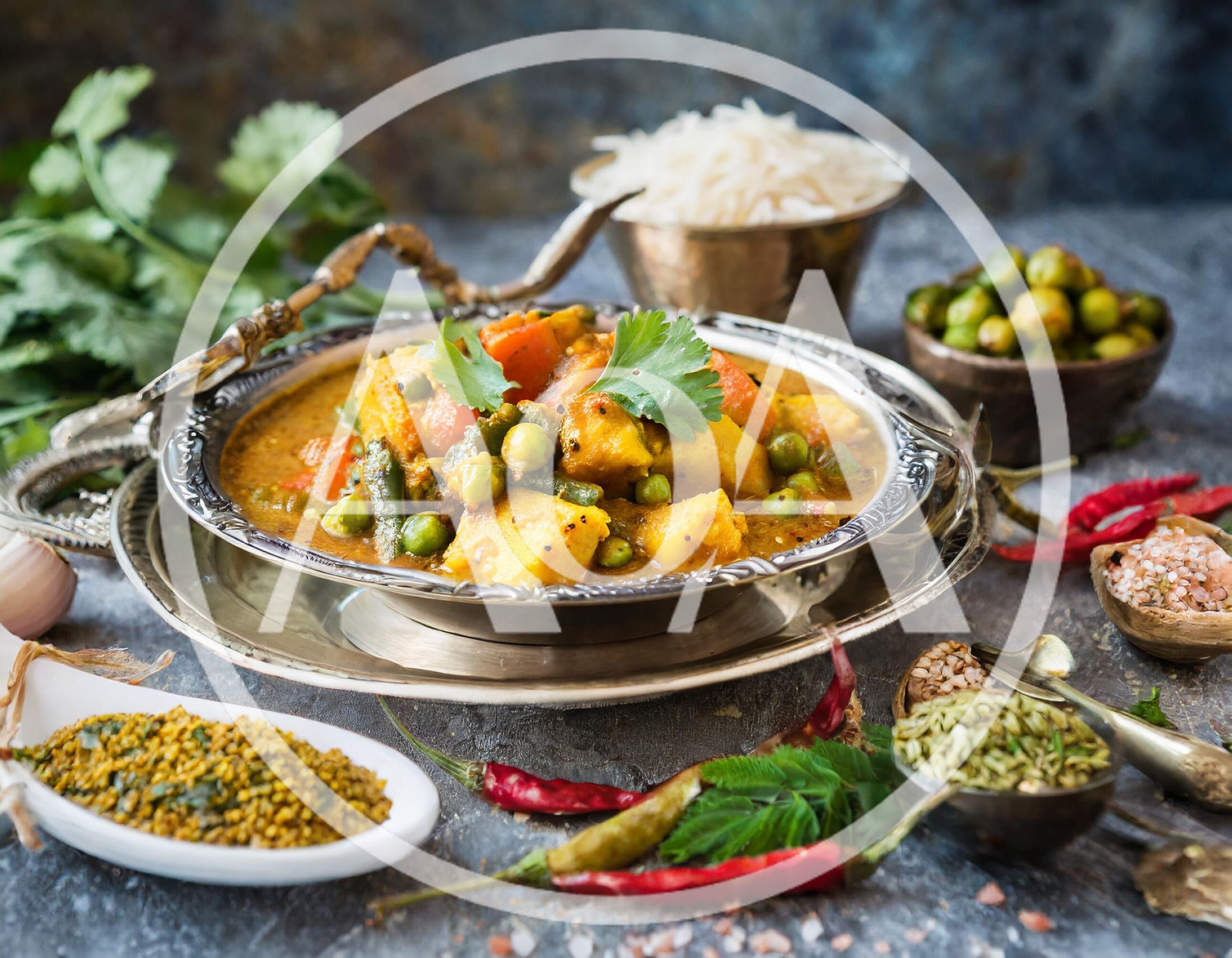 Traditional Indian Vegetable Curry With Spices And Rice