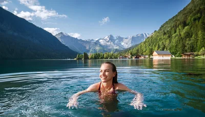Woman Swimming In A Scenic Alpine Lake