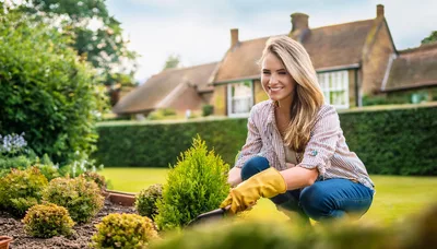 Young Woman Gardening In A Sunny Backyard