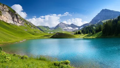 Alpine Lake Surrounded By Lush Green Mountains