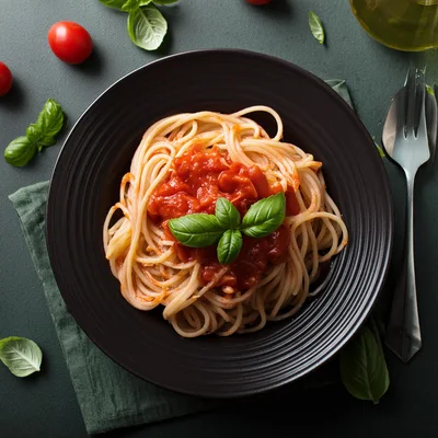 Spaghetti With Tomato Sauce And Fresh Basil Leaves