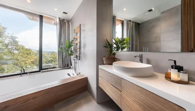 Modern Bathroom Interior With Wooden Vanity And Bathtub
