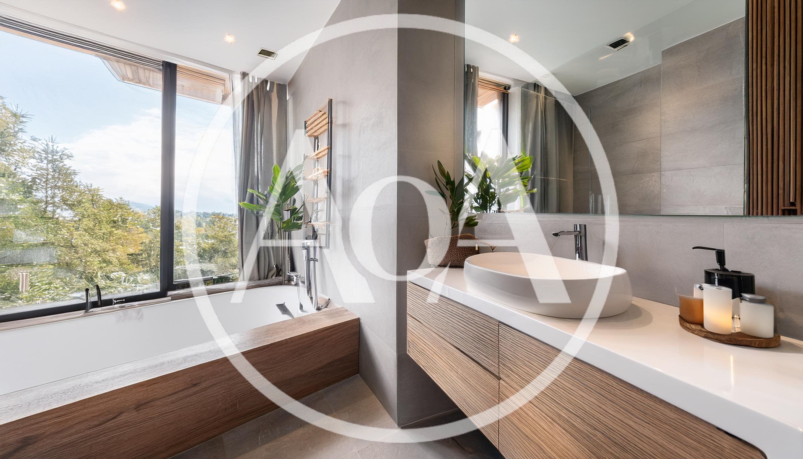 Modern Bathroom Interior With Wooden Vanity And Bathtub