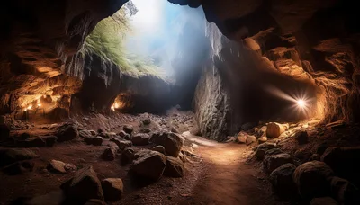 Sunlight Streaming Into A Large Rocky Cave Interior