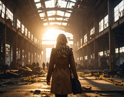 Woman Walking Through Abandoned Industrial Warehouse At Sunset