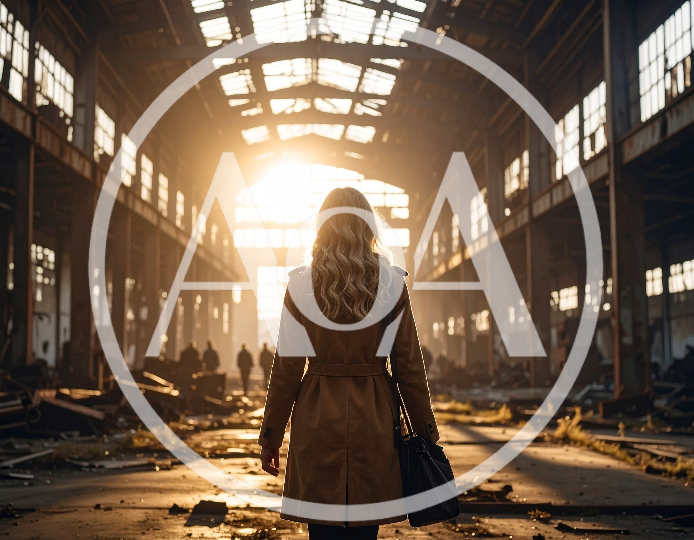 Woman Walking Through Abandoned Industrial Warehouse At Sunset