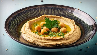 Bowl Of Creamy Hummus With Chickpeas And Parsley