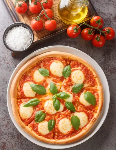 Fresh Margherita Pizza With Basil And Cherry Tomatoes