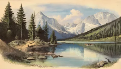 Engraving Style Illustration Of A Mountain Lake Landscape