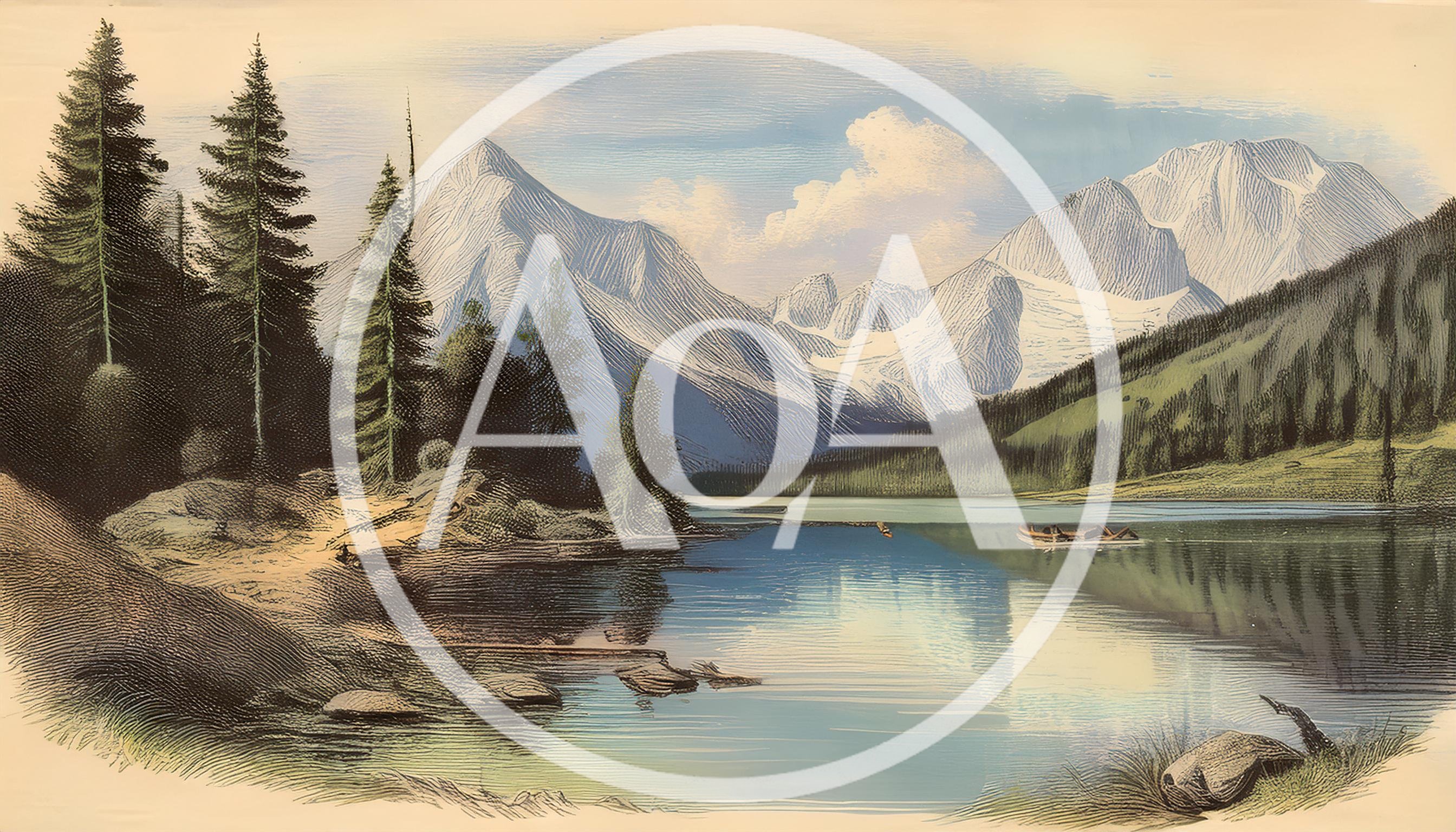 Engraving Style Illustration Of A Mountain Lake Landscape