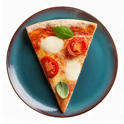 Single Slice Of Margherita Pizza On A Blue Plate