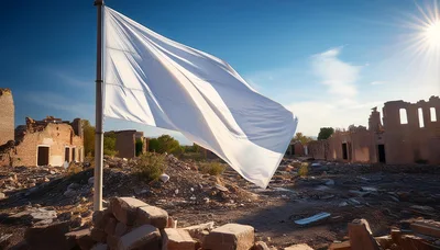 White Flag Waving Over War Torn Ruined City