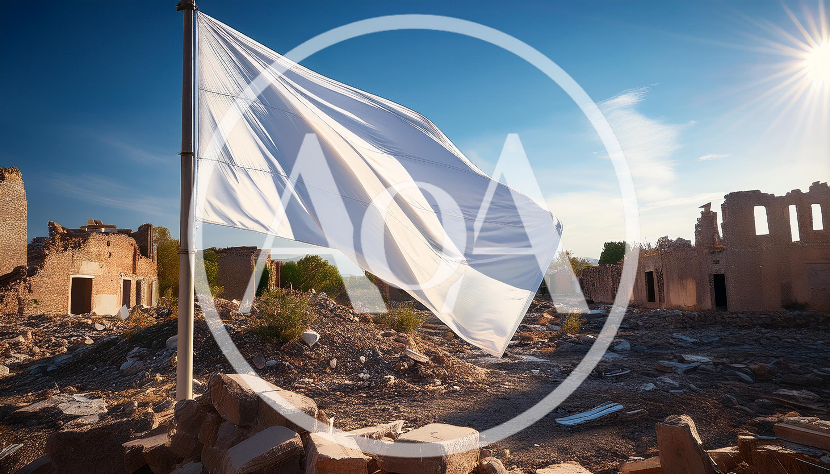 White Flag Waving Over War Torn Ruined City