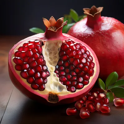 Fresh Pomegranate Fruit Halved With Seeds On Wooden Table