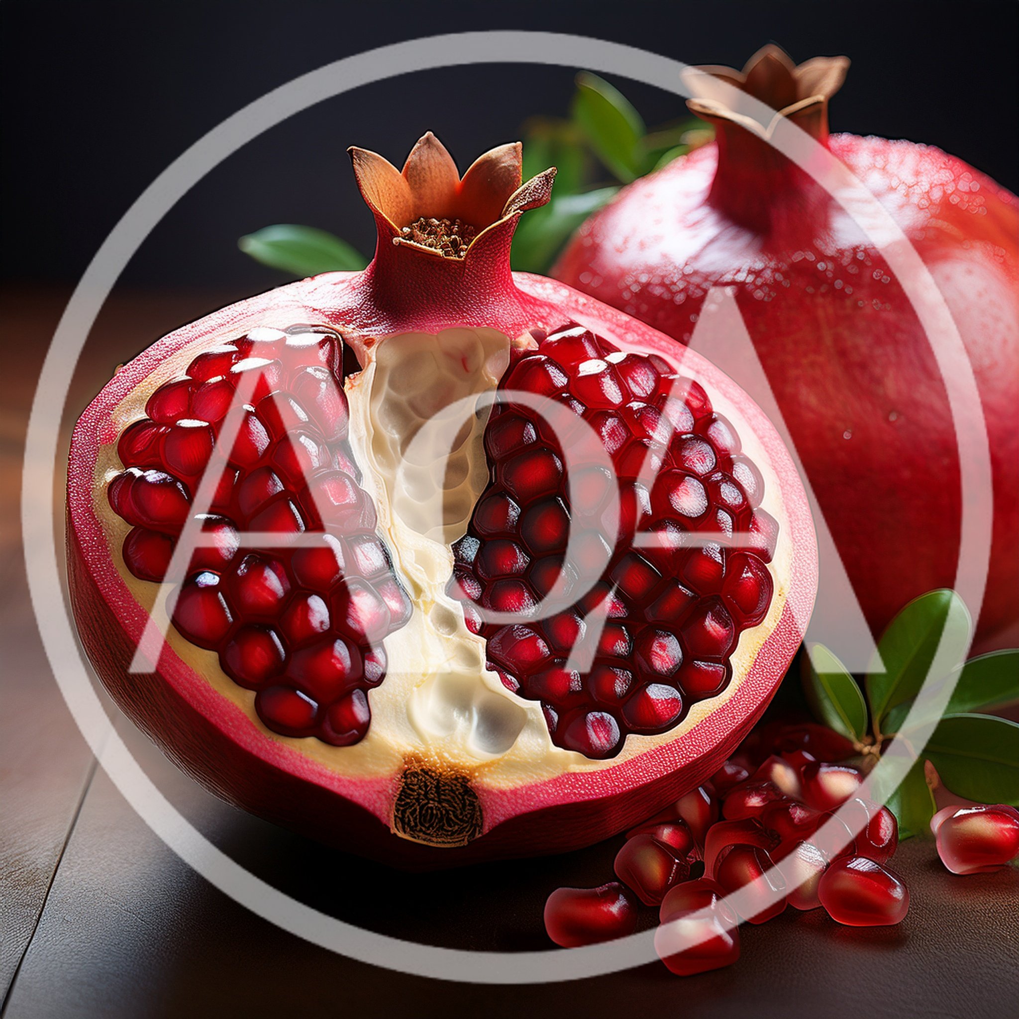Fresh Pomegranate Fruit Halved With Seeds On Wooden Table