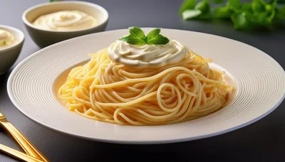 Spaghetti Pasta Topped With Creamy Sauce And Basil