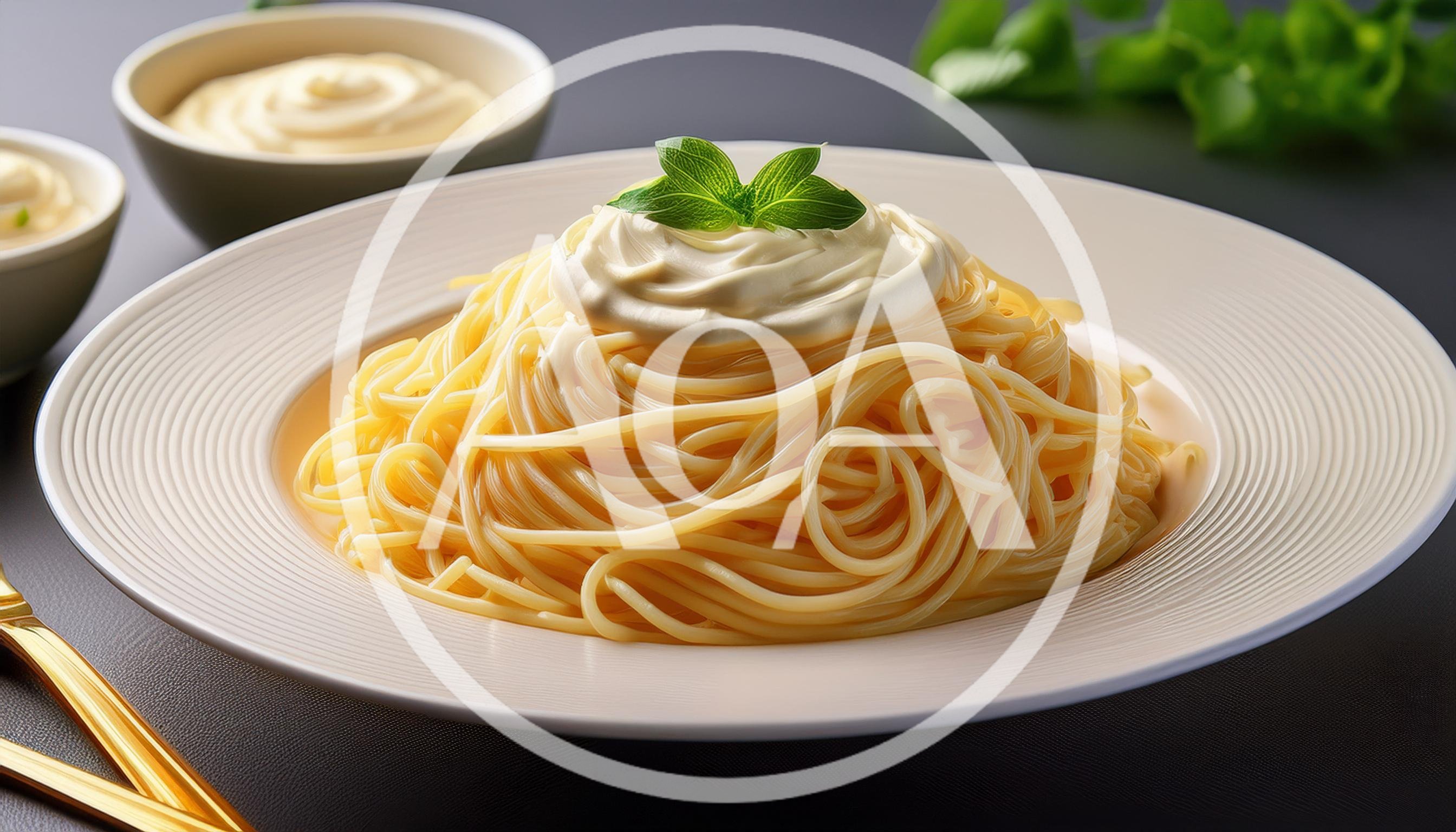 Spaghetti Pasta Topped With Creamy Sauce And Basil