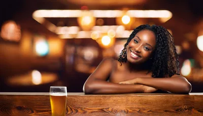 Smiling Woman Leaning On A Bar Counter With Beer