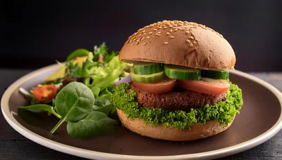 Gourmet Veggie Burger With Fresh Salad On Plate