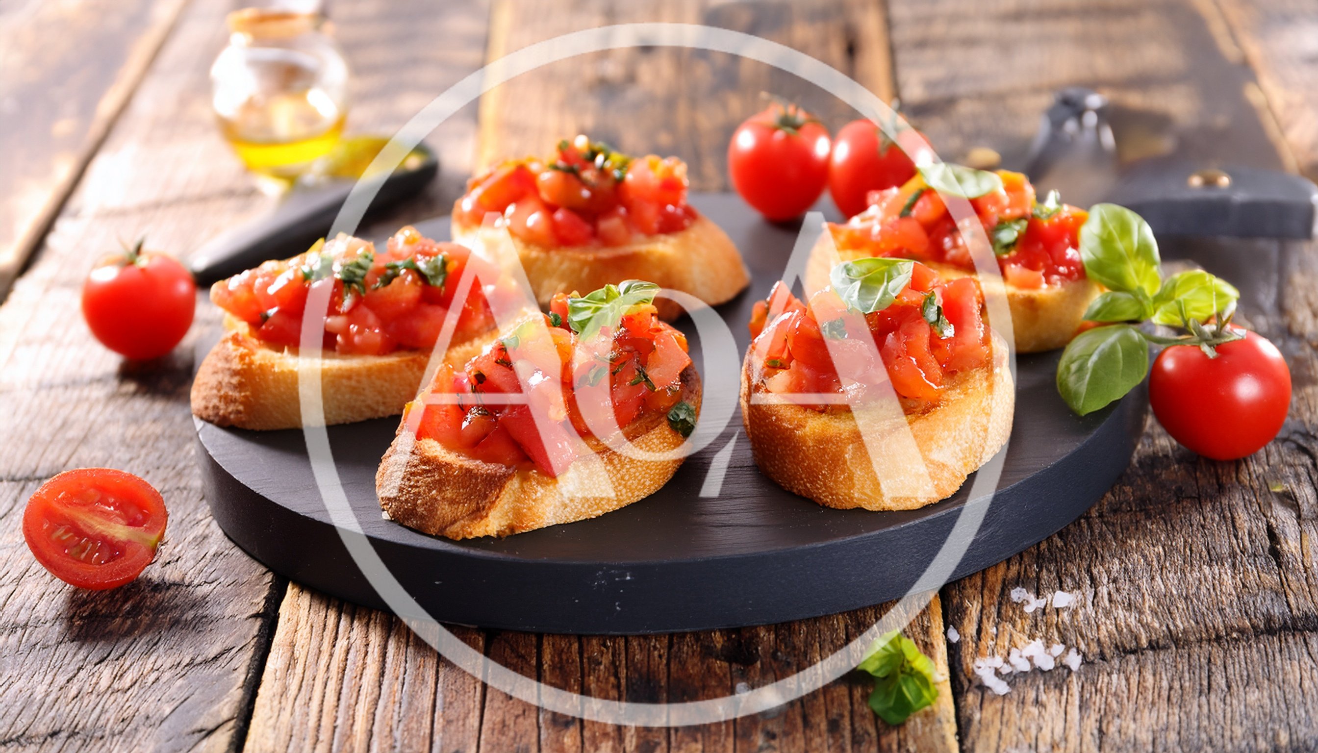 Fresh Tomato Bruschetta Appetizers On A Wooden Board