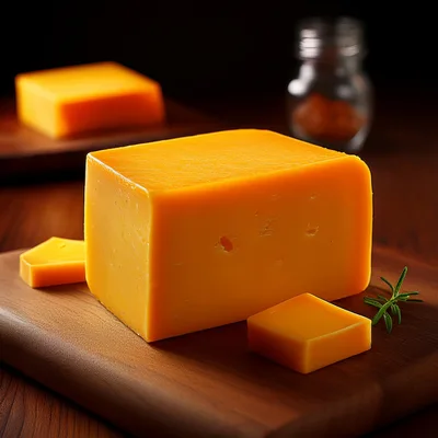 Block Of Sharp Cheddar Cheese On Wooden Board