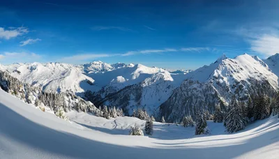 Panoramic View Of Snowy Alpine Mountain Peaks